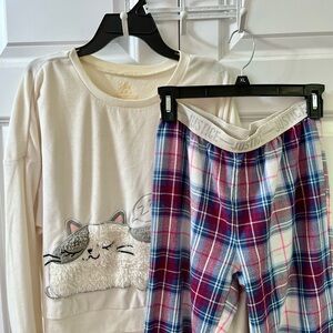 Justice Cream Cat Pajama Set with Plaid Pants